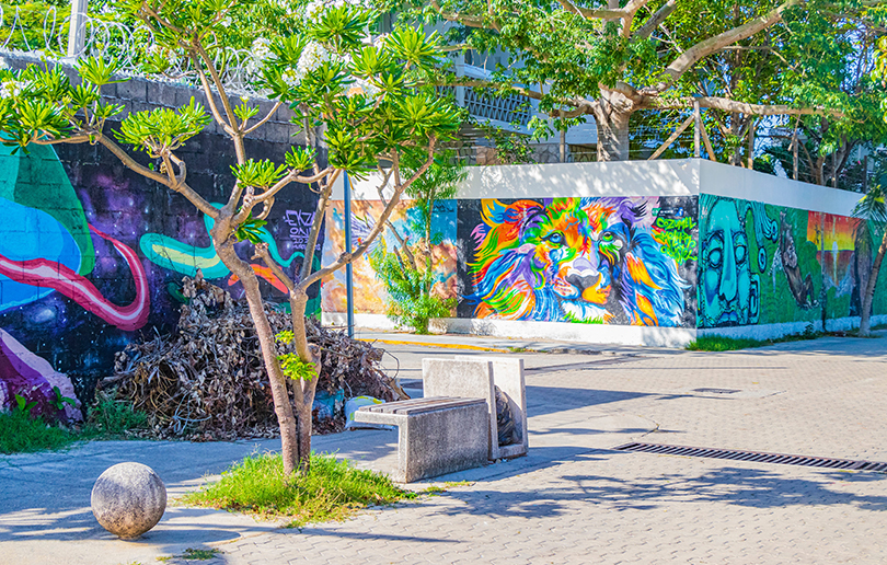 Vibrant custom wall graphics Singapore installations on a concrete street-side wall, showcasing artistic storytelling in a public urban park setting.