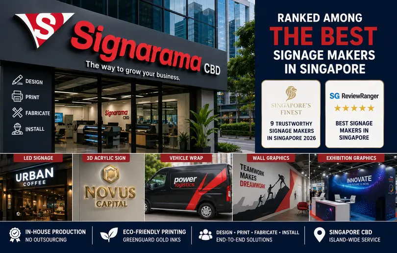 Signarama CBD ranked among Singapore’s best signage makers, showcasing LED signage, 3D acrylic signs, vehicle wraps, wall graphics, exhibition graphics, and eco-friendly printing.