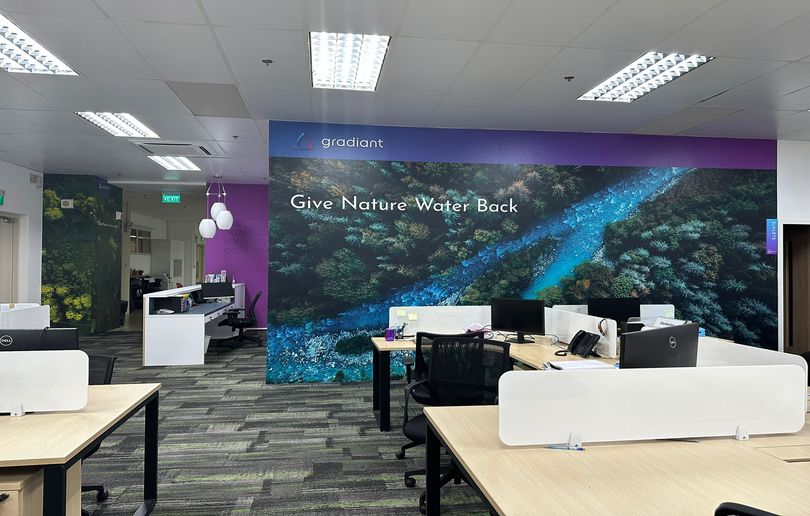 Corporate wall mural printing Singapore for Gradiant office branded interior